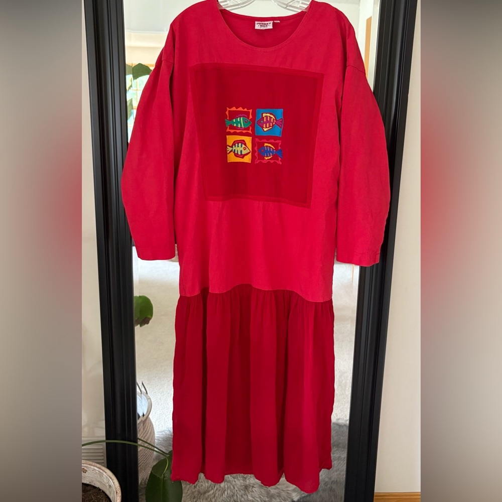 JOHNNY WAS Rare Vintage Y2K Red Long Sleeve Fish Dress